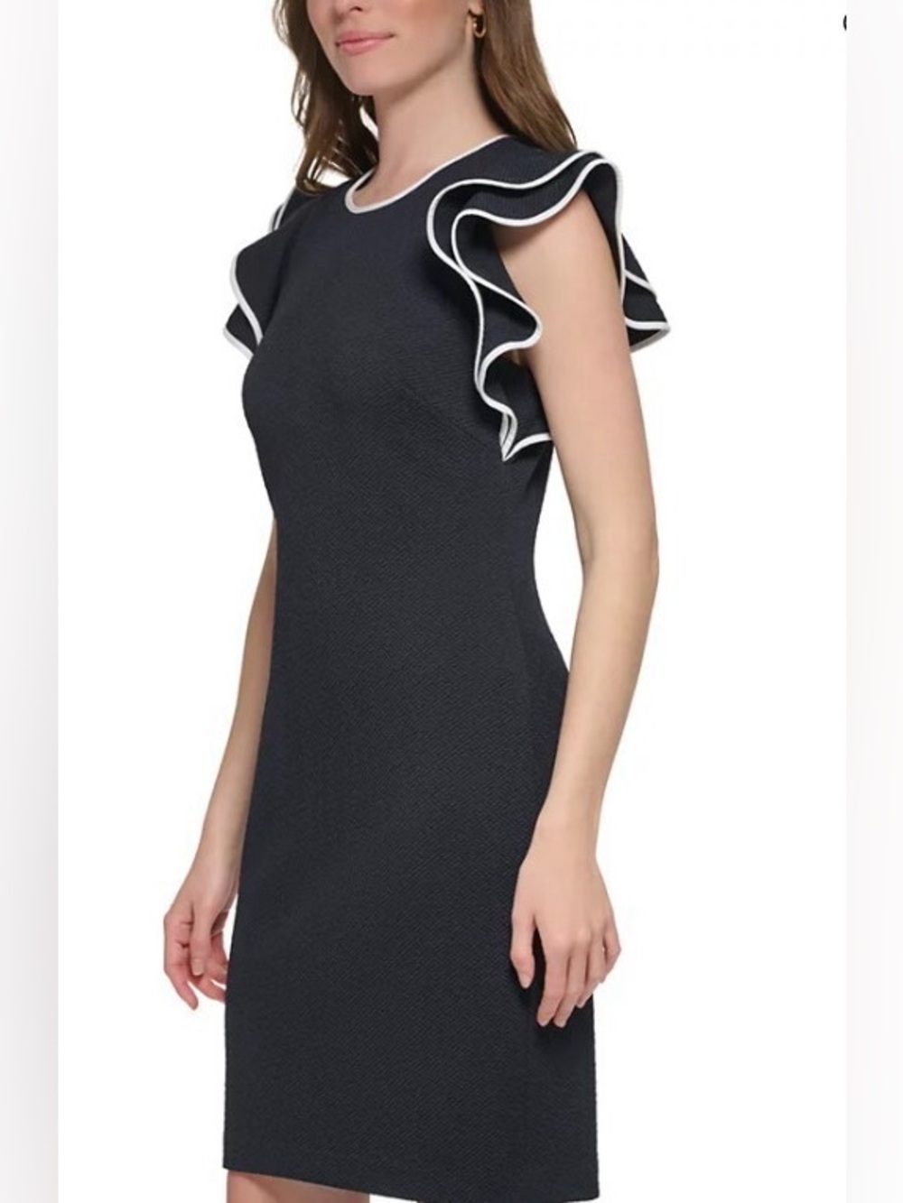 Tommy Hilfiger Black Midi Sheath Dress with White-Trim Ruffle Sleeves
